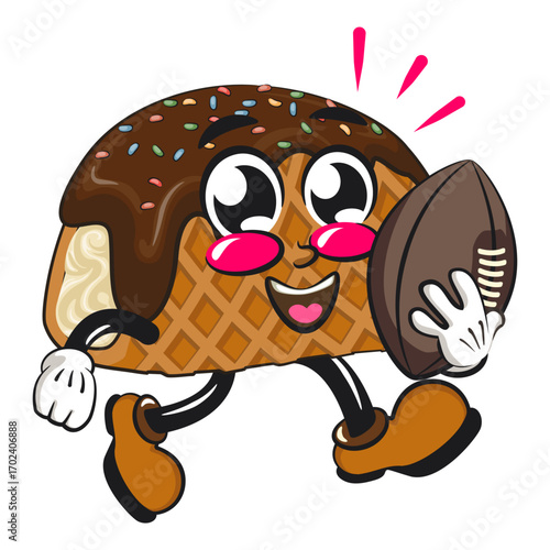 cute choco taco ice cream mascot character vector illustration playing rugby and american football, work of hand drawn