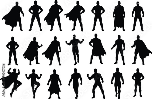 Superhero silhouette collection, comic hero poses, masked vigilante figures, caped superhero vector set, action hero illustrations, comic book characters.