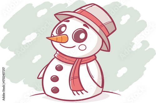 Vector art of a cheerful snowman wearing a hat and scarf stands smiling, the cute character brings a touch of winter joy and festive spirit
