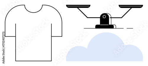 T-shirt outline alongside balance scale and cloud, emphasizing eco-conscious fashion and environmental equilibrium. Ideal for sustainability, clothing, balance, environment, minimalism, choices