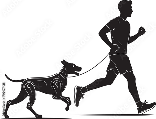 Silhouette of a Man Jogging with a Robotic Dog on a Leash
