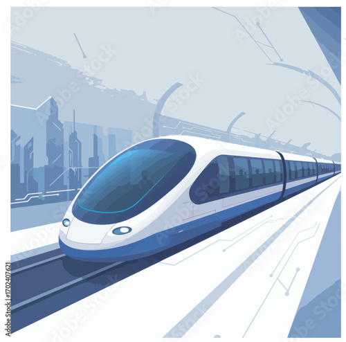 Sleek, futuristic high-speed train travels through a modern, high-tech urban environment, an illustration of advanced public transit and innovation