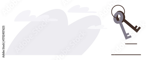 Two interconnected keys on a keyring with abstract cloud-thumbs up shadows. Ideal for security, access, ownership, keys management, unlocking opportunities, minimalist design inspiration, simple flat