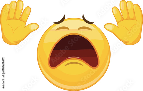 Crying emoji with open mouth, hands raised, sad expression, despair, emotional distress, upset face, frustration, tears, overwhelmed, flat vector illustration