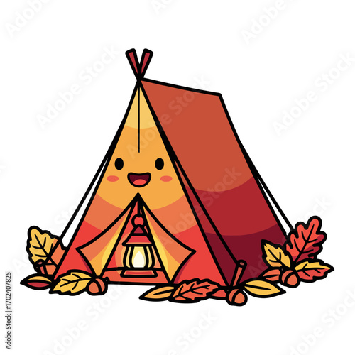 Cute teepee camping tent with autumn leaves