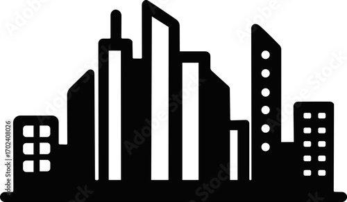 Skyline icon . Outline icon set of urban smog scenes: city skyline with haze, factory smokestack, car exhaust pipe, particulate, Atlanta Georgia skyline silhouette .American Cities .