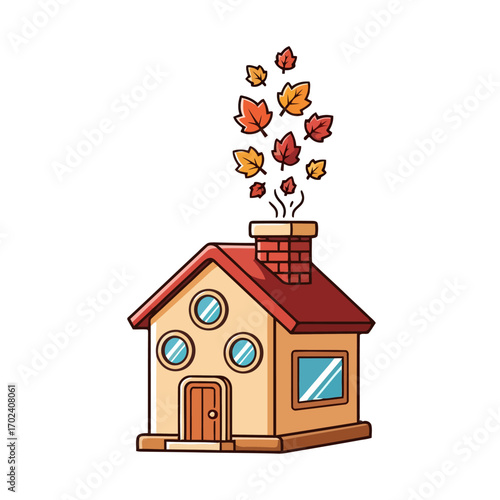 Cute house with autumn leaves coming out the chimney