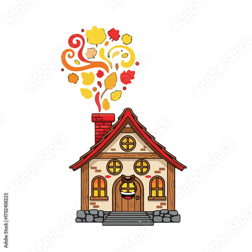 Charming house with autumn leaves coming out the chimney