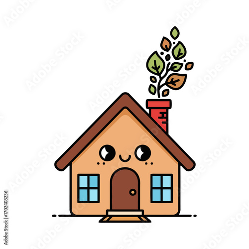 Adorable house with green leaves coming out the chimney