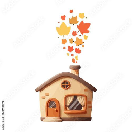 Charming house with autumn leaves coming out the chimney