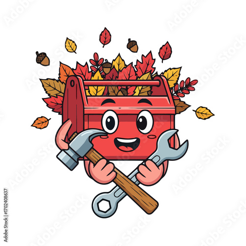 Cartoon toolbox character with fall leaves