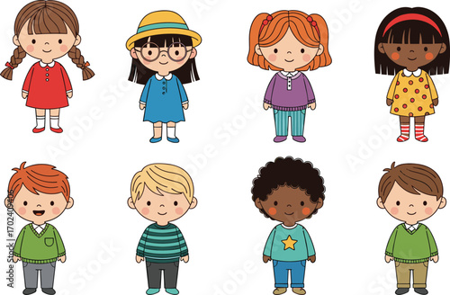 Diverse group of happy cartoon children in colorful outfits, multicultural boys and girls standing together, cute vector illustration for education and design