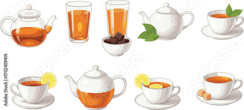 Elegant tea set collection with teapots, cups, lemon slices, sugar cubes, chocolate, and green leaves for beverage culture and hospitality themes
