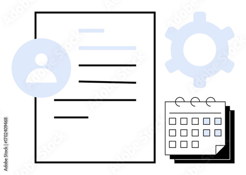 Profile document with user avatar, calendar, and gear icon, representing planning, scheduling, productivity, personal management, content management, business operations flat simple metaphor