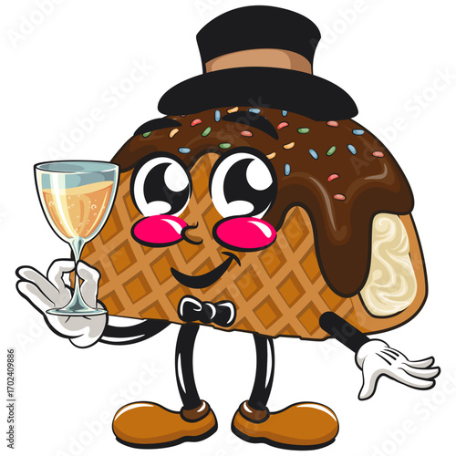 cute choco taco ice cream mascot character vector illustration wearing a hat and bow tie raising a wine glass, work of hand drawn