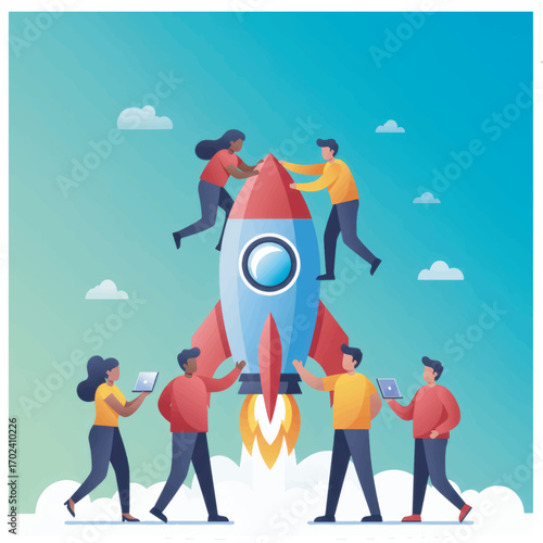 Collaborative effort of a diverse team launching a startup rocket, representing progress, innovation, and shared goals for business success