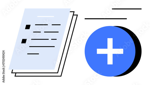 Stack of documents next to a bold blue plus icon indicating addition. Ideal for process, organization, documentation, healthcare, data management, productivity, flat simple metaphor