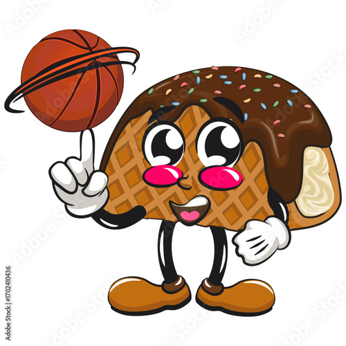 cute choco taco ice cream mascot character vector illustration spin the basketball with the index finger, work of hand drawn