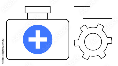 Medical kit featuring a cross symbol, a gear icon suggesting system operations or healthcare solutions. Ideal for healthcare services, medical assistance, system integration, maintenance, hospital