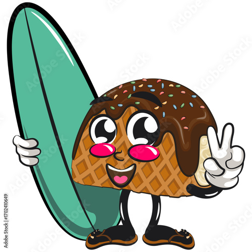 cute choco taco ice cream mascot character vector illustration with surfboard, work of hand drawn