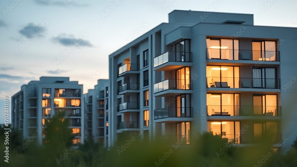 Fototapeta premium Modern residential buildings at dusk, their clean lines highlighted by warm interior lights.