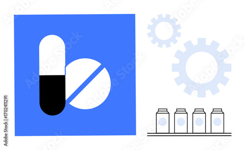 Capsule, tablet, gears, and medicine bottles represent pharmaceutical manufacturing, healthcare, innovation, production, research, biotechnology and medical technology in a simple flat metaphor