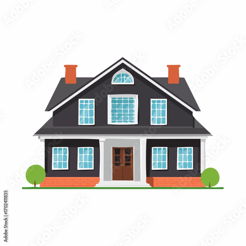 House Exterior Flat Style Dark Gray Facade With White Trim And Red Brick Foundation high quality professional