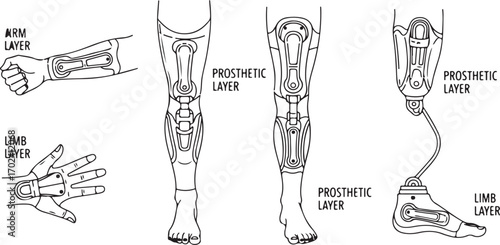 Line Art Illustrations of Human Limbs with Prosthetic and Orthotic Devices for Medical Support and Augmentation