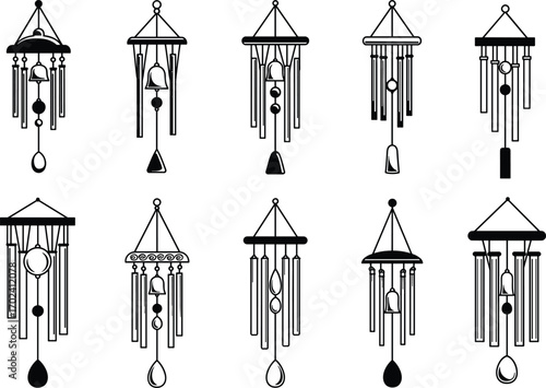 Wind chime silhouette vector, hanging decorative chimes clipart, musical bell elements design, peaceful home decor outline, relaxation ornament icons
