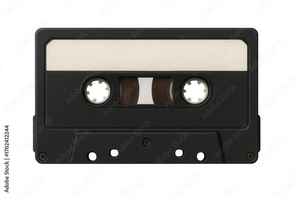 Fototapeta premium Vintage black audio cassette lying on clear surface, empty label highlighting retro music storage media with minimalist design aesthetic