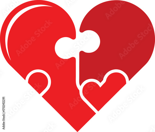 Flat red heart puzzle pieces vector graphic for romance and connection