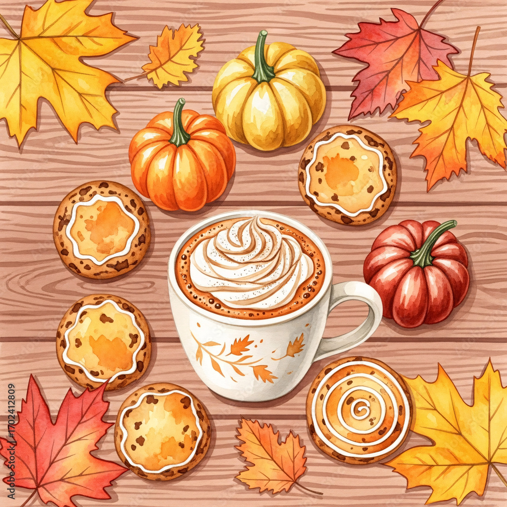 © RAKMOTUN - Cozy autumn scene featuring a steaming mug of whipped cream topped coffee surrounded by mini pumpkins, cookies, and colorful fall leaves © RAKMOTUN - Cozy autumn scene featuring a steaming mug of whipped cream topped coffee surrounded by mini pumpkins, cookies, and colorful fall leaves