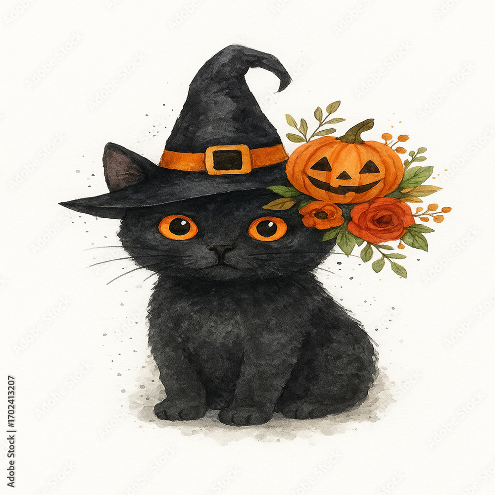 Fototapeta premium halloween cat with pumpkin