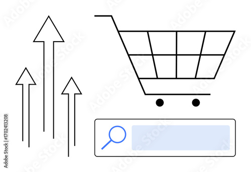 Shopping cart paired with a blue search bar and upward-facing arrows symbolizing online growth. Ideal for e-commerce, marketing, growth, technology, trends, data, simple landing page