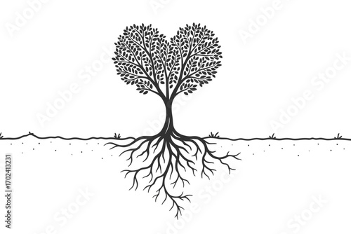 Heart shaped tree with detailed roots illustration in black and white vector style minimalist design for nature growth love and life concept