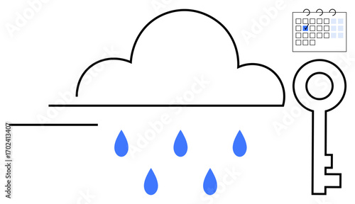 Cloud with blue raindrops, key, and calendar indicating a marked date. Ideal for planning, security, deadlines, data storage, time management weather minimalistic representation. Flat simple