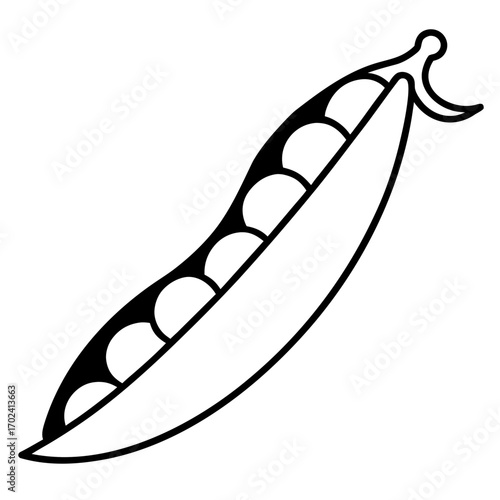 A simple black and white line drawing of an open pea pod with peas inside silhouette