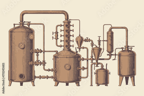 Distillery Equipment Blueprint A Vintage Illustration of Alcohol Production Systems