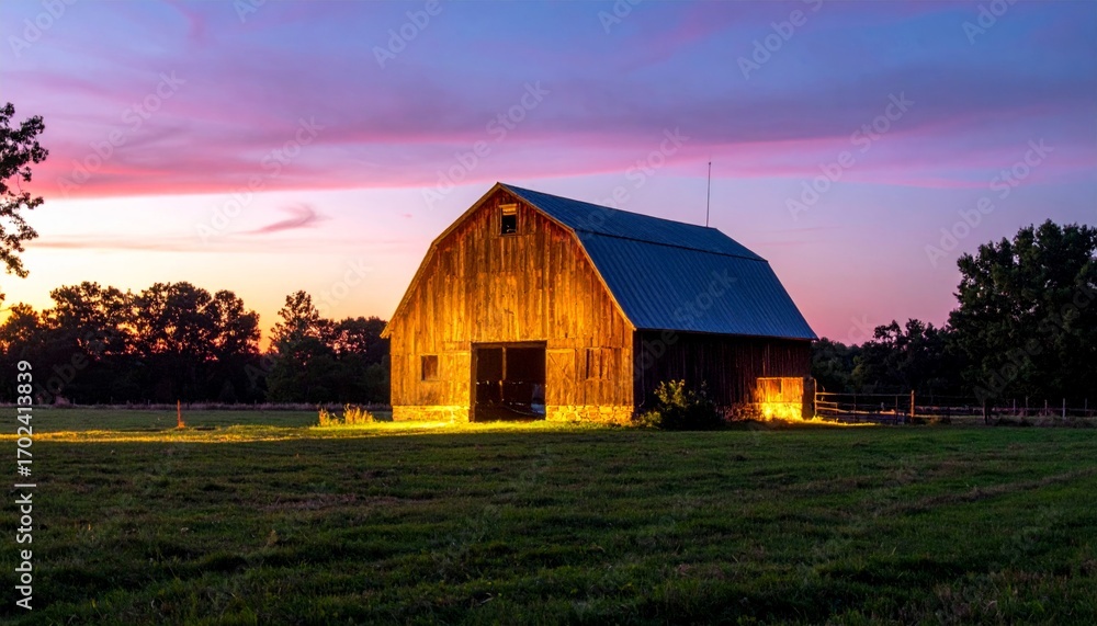 Obraz premium Rustic Barn at Sunset with Vibrant Skies and Lush Green Field