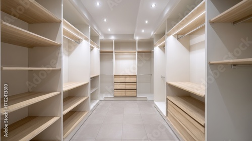 Spacious Walk-In Closet with Custom Shelving and Drawers, Modern Interior Design and Storage Solutions