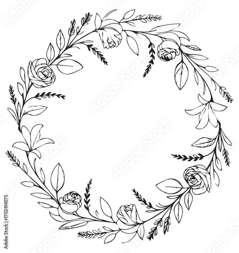 Black rose floral wreath with leaves and buds roses