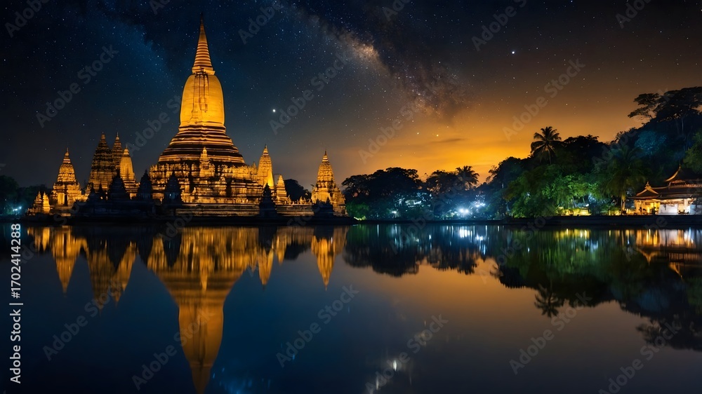 Fototapeta premium Temple with Milky Way Background