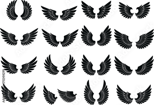 Black angel wings silhouette vector, flying bird wings design, feathered wing clipart collection, symmetrical wing icons, spiritual elements set