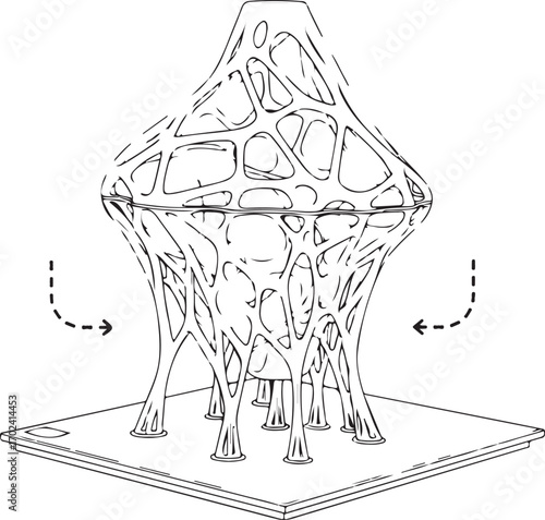 Detailed Line Drawing of an Abstract Organic Lattice Structure on a Base with Arrows