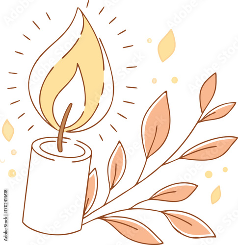 Vector art of glowing candle flame with decorative leaves, , casting a warm and inviting light, symbolizing hope, peace, and tranquility in a serene setting