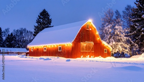 Cozy Red Barn in Winter Wonderland with Snow and Holiday Lights