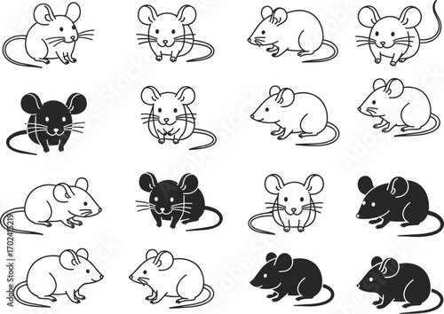Cute mouse, cartoon mice, vector animal illustration, black and white mouse silhouette, pet rodent clipart collection, simple drawing set
