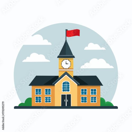 School building clean style clock tower red flag education concept high quality professional