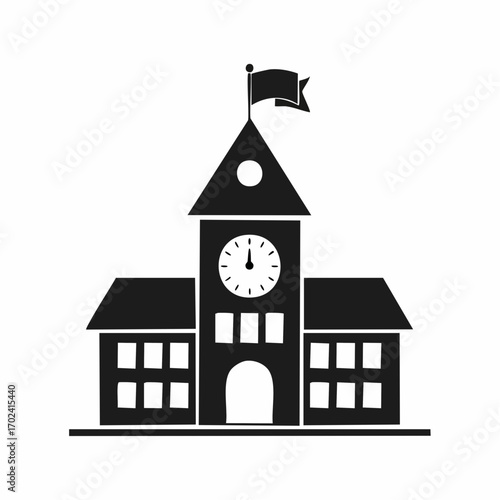 School building silhouette Clock tower and flag education learning high quality professional