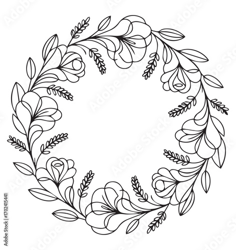 Black and white floral wreath with leaves and buds